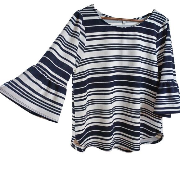 Green Envelope 1X Nautical White Blue Striped Blouse 3/4 Bell Sleeve Coastal Top - Picture 3 of 8